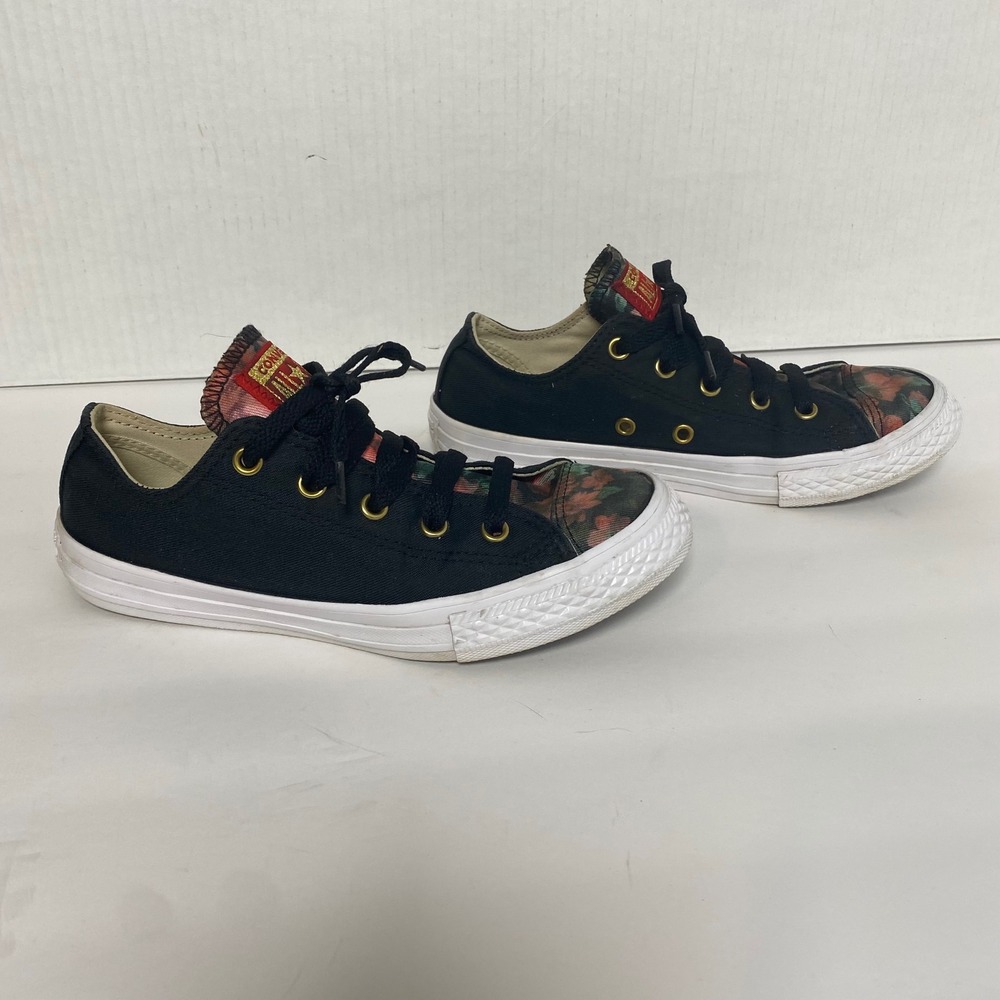 Converse All Star Low Top Youth Size 2 Floral Black Gold Eyelet Sneakers Shoes